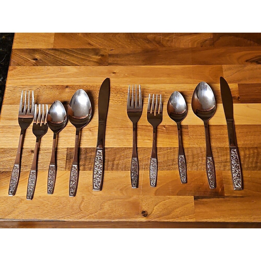 Vintage CustomCraft Stainless Steel Flatware CUS10 5 Pc Service For 2 Roses
